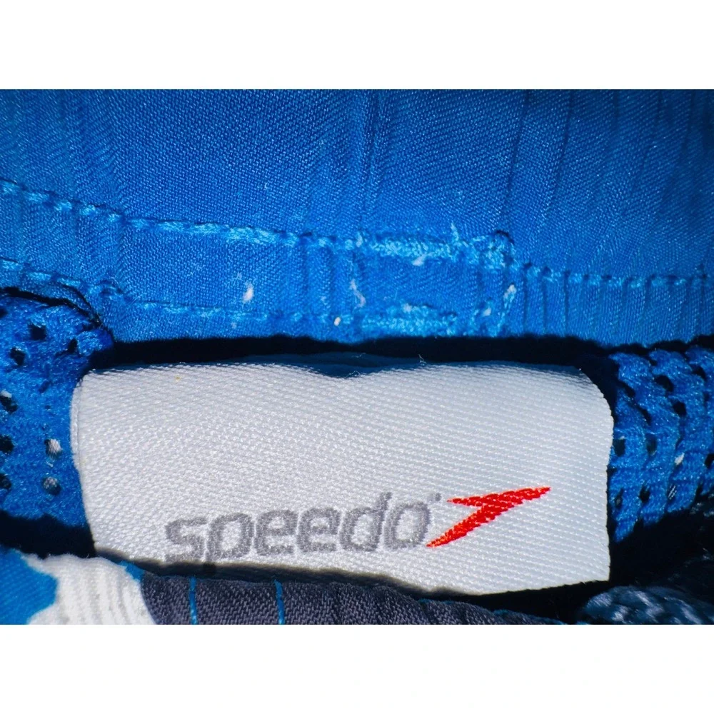 Speedo Mens Blue Abstract Print Swim Trunks Mesh Lined Cargo Pocket Board Shorts